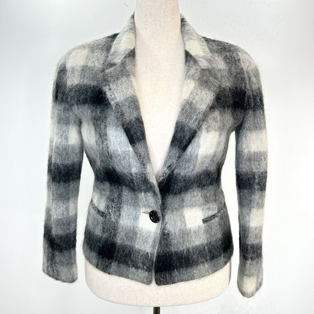Vintage Gregge Blazer Women's 10 Black Gray Plaid‎ Mohair Career Preppy Jacket